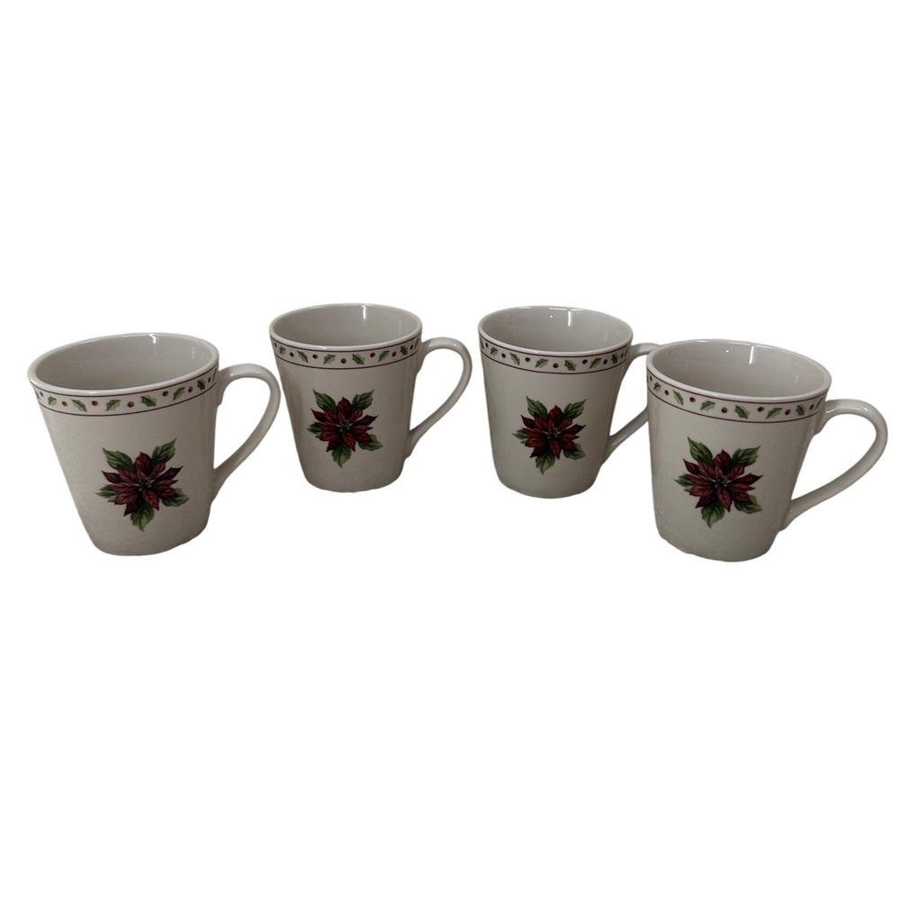 Merry Brite Christmas Mugs Set 4 Poinsettia Holiday Coffee Cups‎ Cream Ceramic